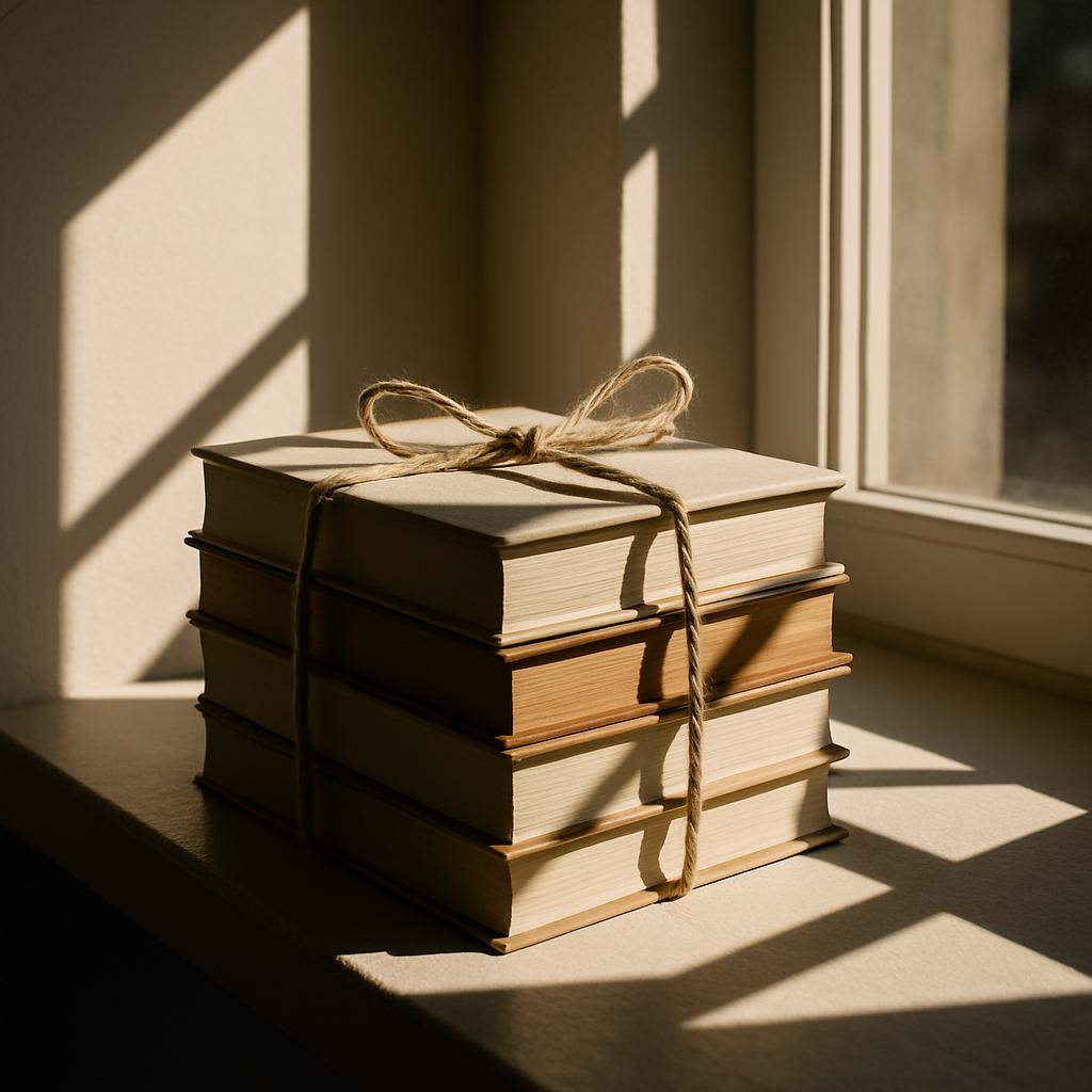 Texto alternativo: Uma pilha de livros amarrados por cordão de madeira próximo à janela aberta racedo sol.