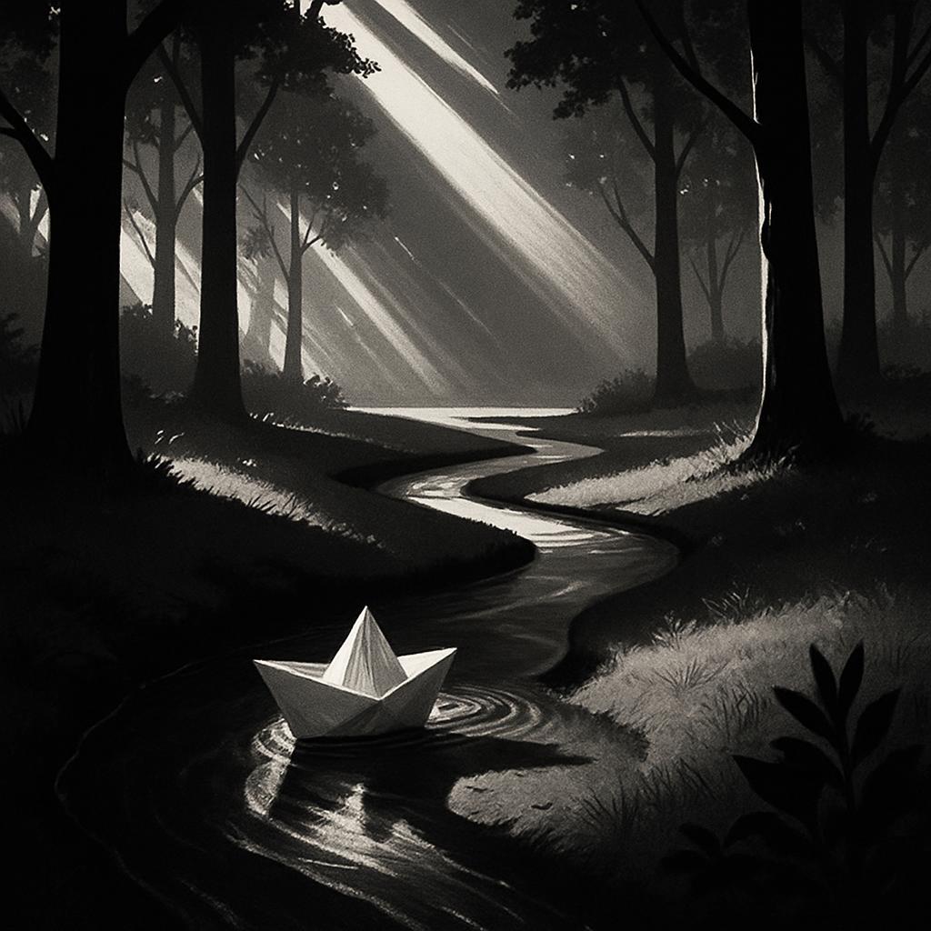 Uma imagem sombria de um barco de papel navegando pelo vasto monge de uma floresta sombria com sombras nítidas. Inset Blac...